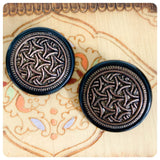 HUGE VINTAGE 80’s RESIN COPPER BRONZE DISC STUD EARRINGS TRIBAL BOHO HIPPIE