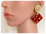 HUGE VINTAGE 80’s TERRACOTTA SQUARE RESIN GOLD COIN MANDALA DISC STUD EARRINGS GEOMETRIC TRIBAL BOHO HIPPIE