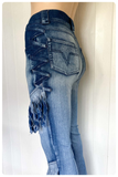 VINTAGE 90’s BLUE DENIM MED HIGH WAIST RISE WIDE FLARES TASSEL FRAYED JEANS UK10