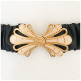 VINTAGE 80’s BLACK ELASTIC FAUX LEATHER CINCH WASPIE WAIST BELT ENAMEL FLOWER BUCKLE