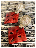 HUGE VINTAGE 80’s TERRACOTTA SQUARE RESIN GOLD COIN MANDALA DISC STUD EARRINGS GEOMETRIC TRIBAL BOHO HIPPIE