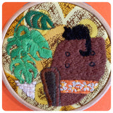 HAND MADE HOOP ART EMBROIDERY BLACK CAT IN THE 70’s FAVOURITE SPOT RETRO VINTAGE CHEESE PLANT MONSTERA