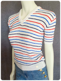 VINTAGE 1970s RED BLUE NAVY WHITE STRIPY STRETCH SKINNY RIB V NECK KNIT JUMPER TOP T SHIRT UK8 10 12