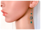 HANDMADE OXIDISED ANTIQUE SILVER INDIAN MANDALA EMERALD GREEN JADE GLASS CRYSTAL DROP EARRINGS RETRO BIRTHSTONE BOHO