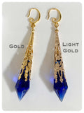 HANDMADE SAPPHIRE BLUE LONG POINT GLASS CRYSTAL ART DECO CHANDELIER RENAISSANCE GOLD CONE ORNATE DROP EARRINGS RETRO BIRTHSTONE BOHO