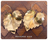 VINTAGE ANTIQUE GOLD BRASS HUGE LEAF LEAVES EARRINGS SIMPLE MINIMAL TRIBAL