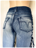 VINTAGE 90’s BLUE DENIM MED HIGH WAIST RISE WIDE FLARES TASSEL FRAYED JEANS UK10