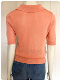 VINTAGE 1970s PEACH CHEVRON BANLON KNITTED JUMPER TOP T POLO SHIRT UK8 -10