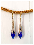 HANDMADE SAPPHIRE BLUE LONG POINT GLASS CRYSTAL ART DECO CHANDELIER RENAISSANCE GOLD CONE ORNATE DROP EARRINGS RETRO BIRTHSTONE BOHO