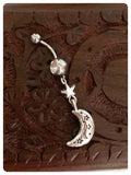 INDIAN SILVER CELESTIAL MOON STARS CRYSTAL GEM BOHO SURGICAL STEEL NAVEL BELLY BAR
