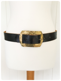 VINTAGE 70’s DARK BROWN THICK LEATHER BELT HUGE BRASS BUCKLE 33-35 INCHES