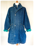 VINTAGE 80’s MUSTANG BAGGY BLUE DENIM FISHTAIL PARKA JACKET COAT VIVID TURQUOISE LINING L/XL