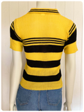 VINTAGE 1970s BRIGHT YELLOW & BLACK STRIPE SKINNY RIB JUMPER TOP T SHIRT NEW DEAD STOCK UK6-10