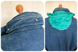 VINTAGE 80’s MUSTANG BAGGY BLUE DENIM FISHTAIL PARKA JACKET COAT VIVID TURQUOISE LINING L/XL