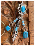 INDIAN SILVER FEATHER & TURQUOISE GEMSTONES BOHO SURGICAL STEEL NAVEL BELLY BAR