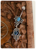 INDIAN SILVER HAMSA HAND EVIL EYE PROTECTION & TURQUOISE GEMSTONES BOHO SURGICAL STEEL NAVEL BELLY BAR