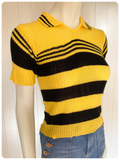 VINTAGE 1970s BRIGHT YELLOW & BLACK STRIPE SKINNY RIB JUMPER TOP T SHIRT NEW DEAD STOCK UK6-10