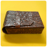 VINTAGE 1970’s TOOLED EMBOSSED DEEP TAN LEATHER CIGARETTE BOX COVER CASE POUCH HOLDER