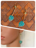 HAND CRAFTED GOLD TURQUOISE SEA GREEN RESIN LEAF JADE GEMSTONE DANGLE DROP BOHO DECO EARRINGS