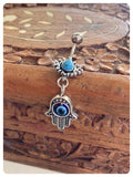 INDIAN SILVER HAMSA HAND EVIL EYE PROTECTION & TURQUOISE GEMSTONES BOHO SURGICAL STEEL NAVEL BELLY BAR
