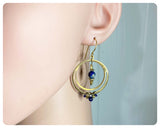 HANDMADE ANTIQUE BRASS GOLD INDIAN BLUE LAPIS LAZULI NATURAL GEMSTONE HOOP DROP EARRINGS VINTAGE BOHO