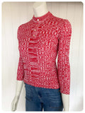 VINTAGE 1970s RED WHITE FLECK SKINNY RIB FINE KNIT JUMPER TOP UK8-12