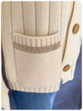 VINTAGE 1970’s CREAM RIB KNIT & TAN SUEDE POCKET BIG BUTTON CARDIGAN UK8 10 12