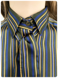 VINTAGE 70’s 80’s GREEN BLUE STRIPY STRIPED SILKY PUSSY BOW TIE NECK PUFF SLEEVE BLOUSE SHIRT UK 8