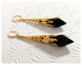 HANDMADE JET BLACK LONG POINT GLASS CRYSTAL ART DECO CHANDELIER RENAISSANCE GOLD CONE ORNATE FILIGREE DROP EARRINGS RETRO BIRTHSTONE BOHO