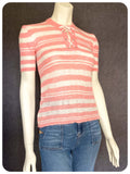 VINTAGE 1970s PINK WHITE STRIPE LACE UP SKINNY RIB JUMPER TOP T SHIRT UK8-10