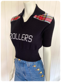 VINTAGE 1970s BAY CITY ROLLERS BLACK TARTAN SKINNY RIB KNIT JUMPER TOP T SHIRT UK8-12