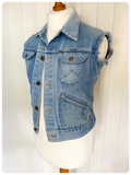 VINTAGE 70’s 80’s WRANGLER DISTRESSED BLUE DENIM GILET VEST TRUCKER WAISTCOAT JACKET SMALL