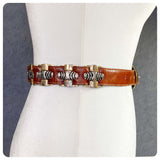 VINTAGE 70’s 80’s DEEP TAN THICK LEATHER METAL LINK CHAIN WAIST CINCH  BELT WESTERN BUCKLE 24-28 INCHES