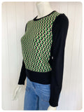 VINTAGE 1970s GREEN BLACK PATTERN SKINNY RIB FINE KNIT JUMPER TOP UK8-12