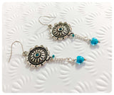 HANDMADE ANTIQUE SILVER FLORA MANDALA TURQUOISE TEAL AQUA HEART GLASS BEAD DROP EARRINGS RETRO BOHO