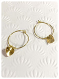 VINTAGE ANTIQUE GOLD BRASS SIMPLE MINIMAL DECO FACETED HEART HOOP EARRINGS
