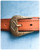 VINTAGE 70’s 80’s DEEP TAN THICK LEATHER WAIST JEANS BELT WESTERN BUCKLE 28-32 INCHES