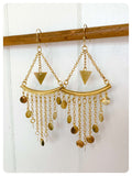 VINTAGE INDIAN ANTIQUE GOLD BRASS TRIANGLE MULTI DISC ROUND COIN CHANDELIER DANGLE DROP EARRINGS