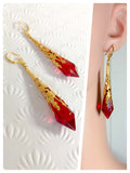 HANDMADE RUBY RED LONG POINT GLASS CRYSTAL ART DECO CHANDELIER RENAISSANCE GOLD CONE ORNATE FILIGREE DROP EARRINGS RETRO BIRTHSTONE BOHO