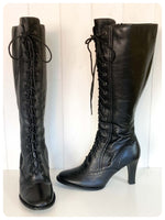 VINTAGE 90’s BLACK LEATHER KNEE HIGH LACE UP PIXIE GRANNY BOOTS BOHO GOTHIC VICTORIANA SIZE 3