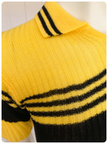 VINTAGE 1970s BRIGHT YELLOW & BLACK STRIPE SKINNY RIB JUMPER TOP T SHIRT NEW DEAD STOCK UK6-10
