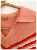 VINTAGE 1970s PEACH CHEVRON BANLON KNITTED JUMPER TOP T POLO SHIRT UK8 -10