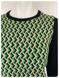 VINTAGE 1970s GREEN BLACK PATTERN SKINNY RIB FINE KNIT JUMPER TOP UK8-12