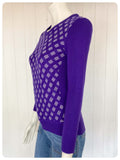 VINTAGE 1970s PURPLE WHITE PATTERN SKINNY RIB FINE KNIT JUMPER TOP UK8-12