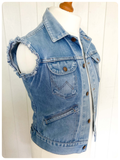 VINTAGE 70’s 80’s WRANGLER DISTRESSED BLUE DENIM GILET VEST TRUCKER WAISTCOAT JACKET SMALL
