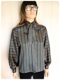 VINTAGE 70’s 80’s GREEN BLUE STRIPY STRIPED SILKY PUSSY BOW TIE NECK PUFF SLEEVE BLOUSE SHIRT UK 8