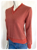 VINTAGE 1970s V NECK SKINNY RIB KNITTED JUMPER TOP BROWN FLECK UK8 -10
