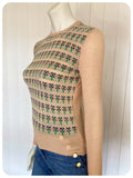 VINTAGE 1970s SKINNY RIB KNIT JUMPER TOP TAN PATTERN FLECK UK6 - 10