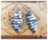 VINTAGE INDIAN SILVER MULTI COIN DISC ROUND CHANDELIER WATERFALL DANGLE DROP EARRINGS