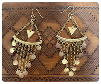 VINTAGE INDIAN ANTIQUE GOLD BRASS TRIANGLE MULTI DISC ROUND COIN CHANDELIER DANGLE DROP EARRINGS